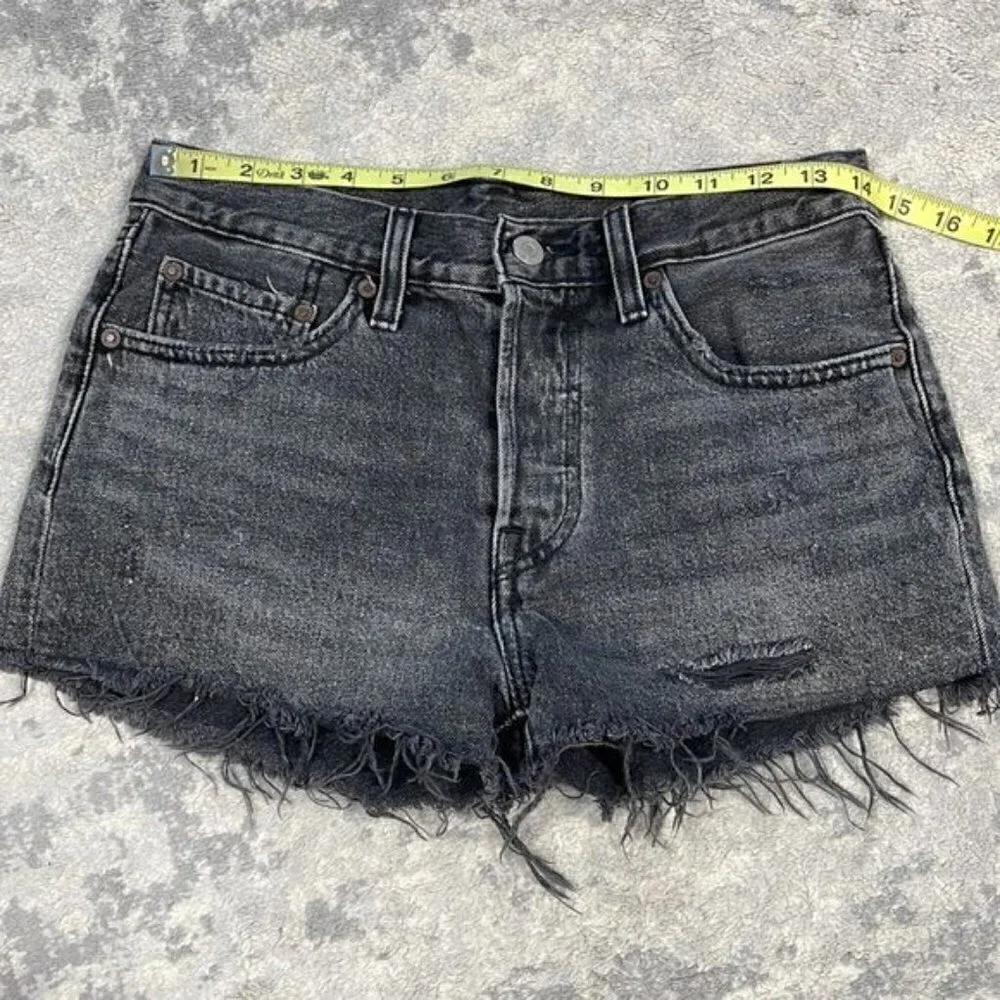 Levis 501 Big E High Rise Cut Off Shorts Washed Trashed Black Sz 26